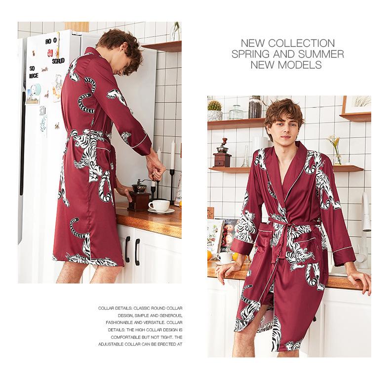 Yaoting Men's Long Sleeve Silk Pajamas and Robe Set, Ice Silk Fabric, WP032