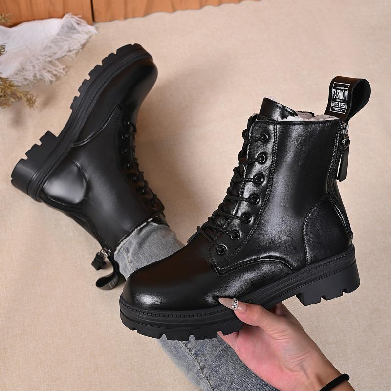 Thick Warm Long Plush Ankle Boots For Women Winter  Lace-Up Pu Leather Motorcycle Boots Woman Plus Size Short Booties Shoes