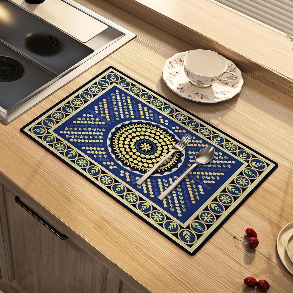 National Style Dish Drying Mat Absorbent Floral Coffee Rubber Backed Soft Silicone Bird Kitchen Draining for Bathroom Bar