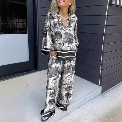 2 Pcs/Set T-shirt Pants Set Floral Print V Neck Long Sleeve Bohemian Striped Top Wide Leg Elastic Waist Pockets Trousers Lady Casual Clothes