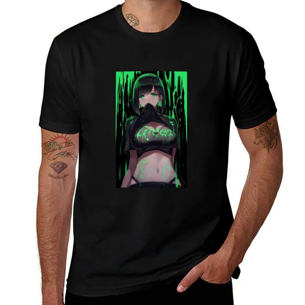 Green Themed Anime Girl Tshirt Classic Basic Casual Tshirt