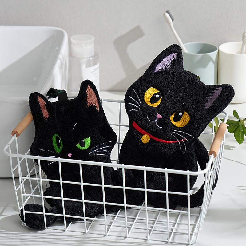 Cartoon Black Cat Hand Towel Animals Shape Absorbent Hand Cloth Kitchen Cleaning Wipe Cloth Kid Bathroom Hanging Towel