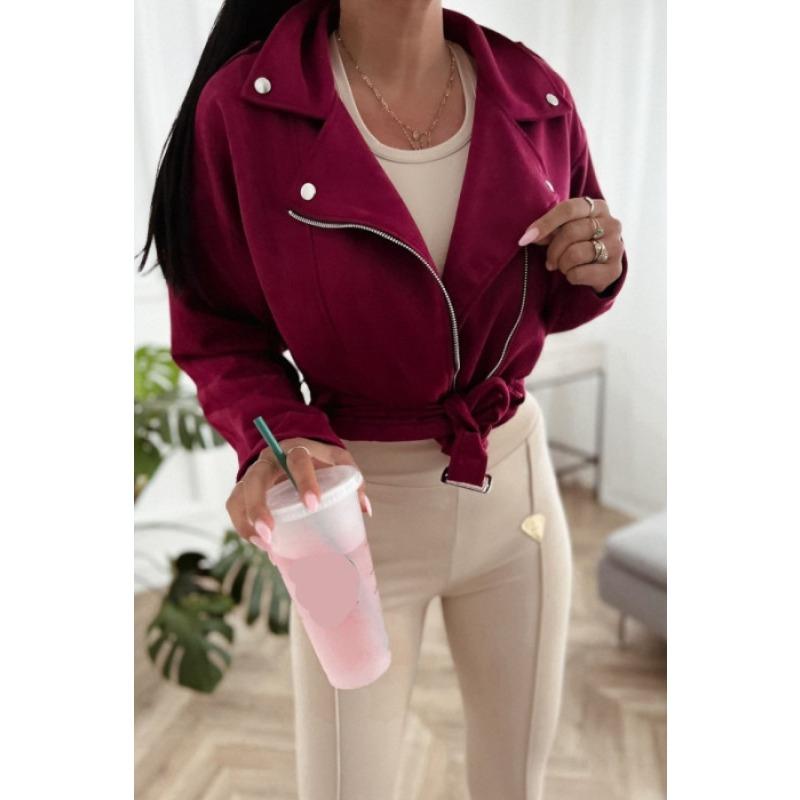 Podzimní a zimní dámské krátké bundy na zip Nová móda Klopový oblek Límec s dlouhým rukávem Kabát na zavazování Jednobarevný Street Casual