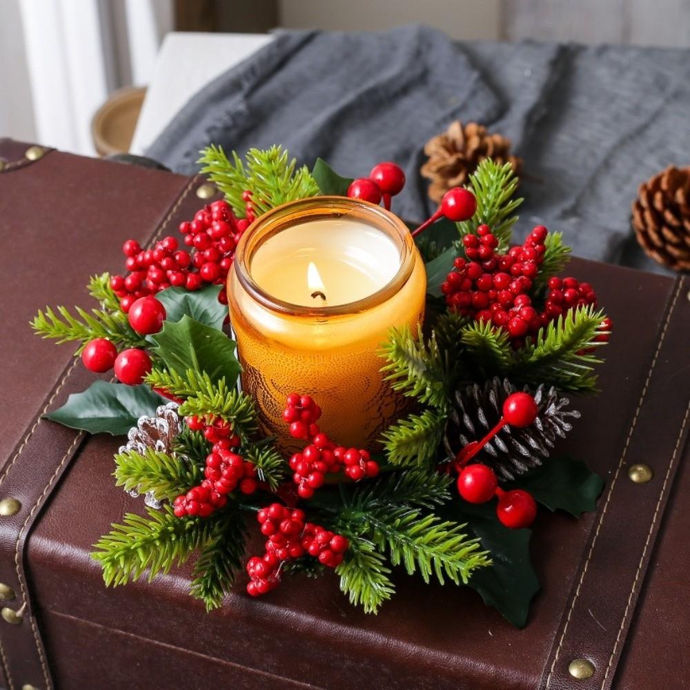 Artificial Berries Pinecone Pine Christmas Wreath Table Home Party Decoration Candlestick Wreaths Xmas Candle Wreath