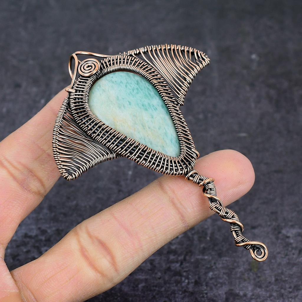 Aquamarine Gemstone Handmade Copper Wire Wrap Fish Jewelry Pendant 3.54" M6u17
