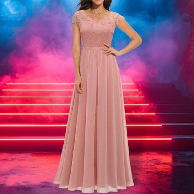 Damen Spitze V-Ausschnitt Abendkleid Lang A-Linie Chiffon Brautjungfernkleid Mutter der Braut Hochzeitsgast Maxikleid für Party Abschlussball