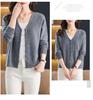 Women's V-Neck Pure Wool Cardigan Sweater - Solid Color, Long Sleeve, Trendy Casual Outerwear.