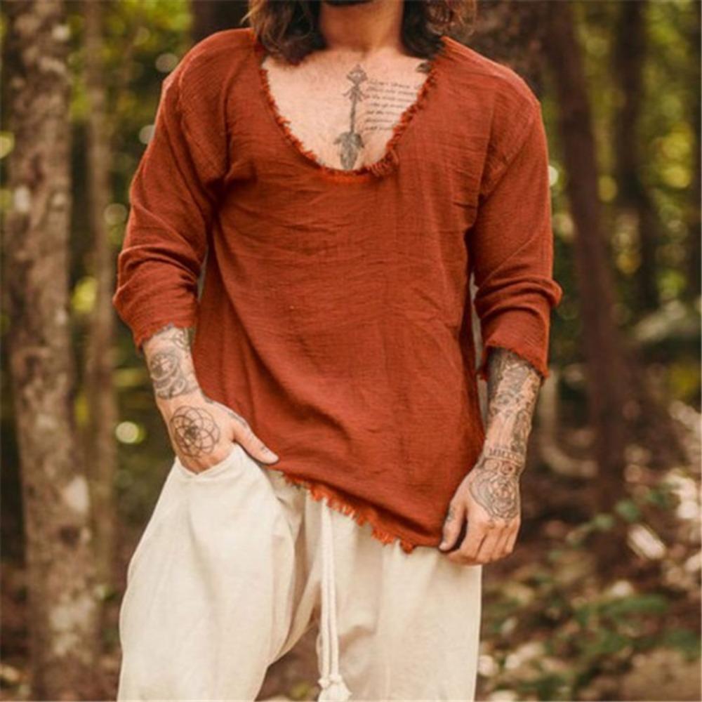 

Чоловіча молодіжна лляна повсякденна вільна сорочка з V-подібним вирізом, випрана для ефекту потертості, з довгим рукавом M помаранчевий