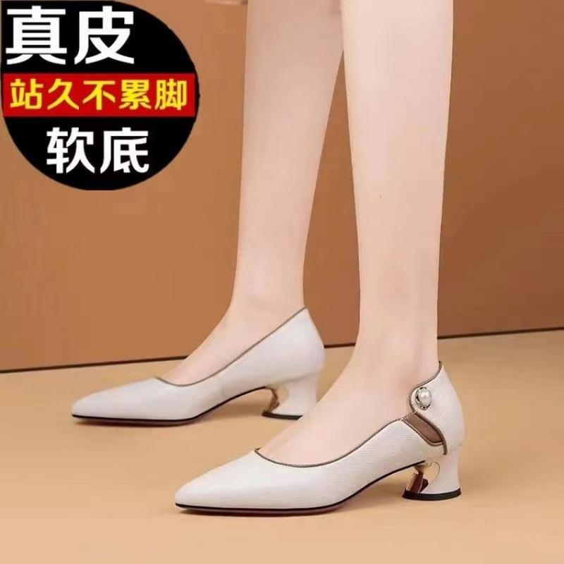 Pantofi noi la modă versatili din piele moale pentru femei pantofi de lucru cu toc jos piele gură deschisă toc gros pantofi simpli vară femei vârf ascuțit