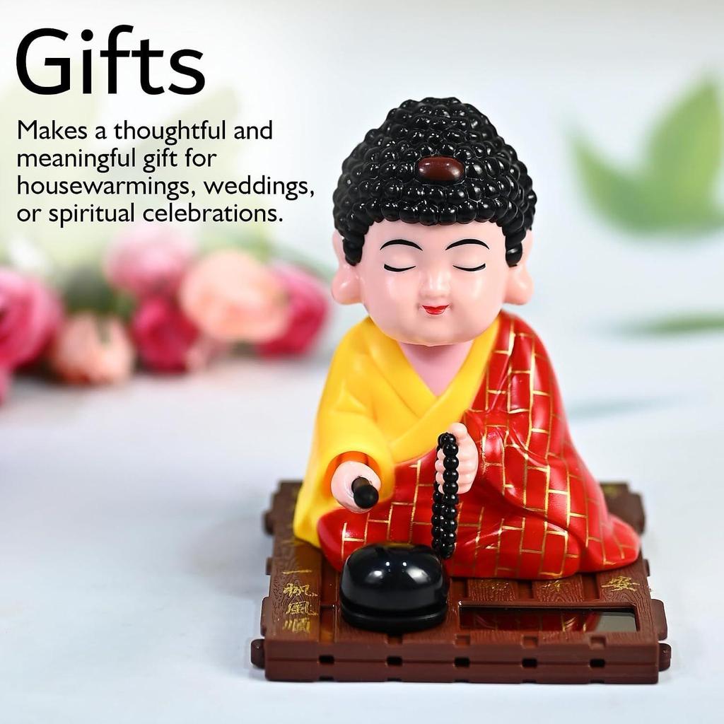 Solar-Powered Moving Head Buddha Monk Statue – Feng Shui Good Fortune Ornament for Car Dashboard, Home and Office