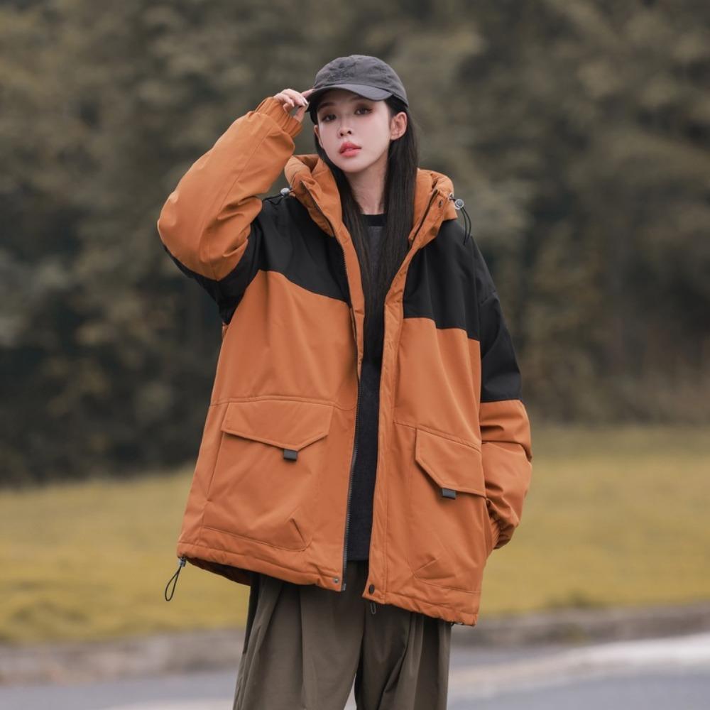 2025 winter new hooded feather tooling color matching fleece clothing fashionable versatile thickened warm and cold-resistant couple jacket