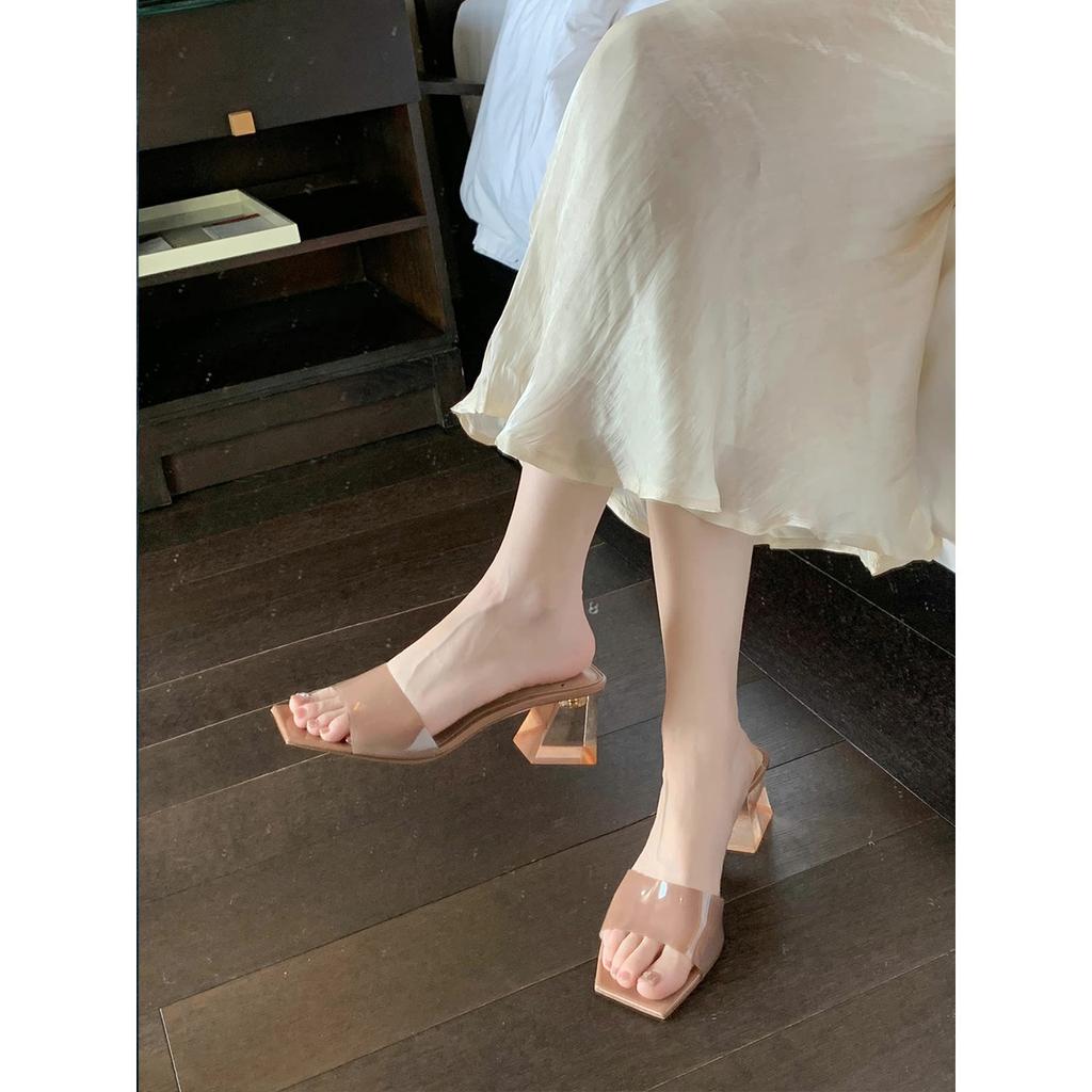 Square head crystal transparent thick heel with slippers women's 2025 summer new sandals wear open toes simple and gentle