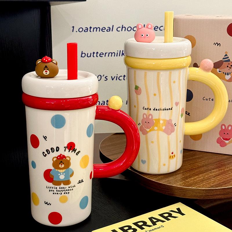 Cartoon Straw Cup Large Capacity Ceramic Drinking Cup with Lid Cute Animal Breakfast Milk Cup Souvenir