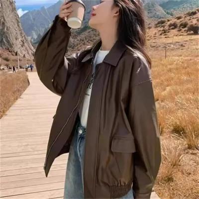 Jachetă Vintage din Piele PU Femei Primăvară Toamnă Retro Negru Maro Casual Modă Fermoar Scurtă Largă Piele Moto Biker Palton