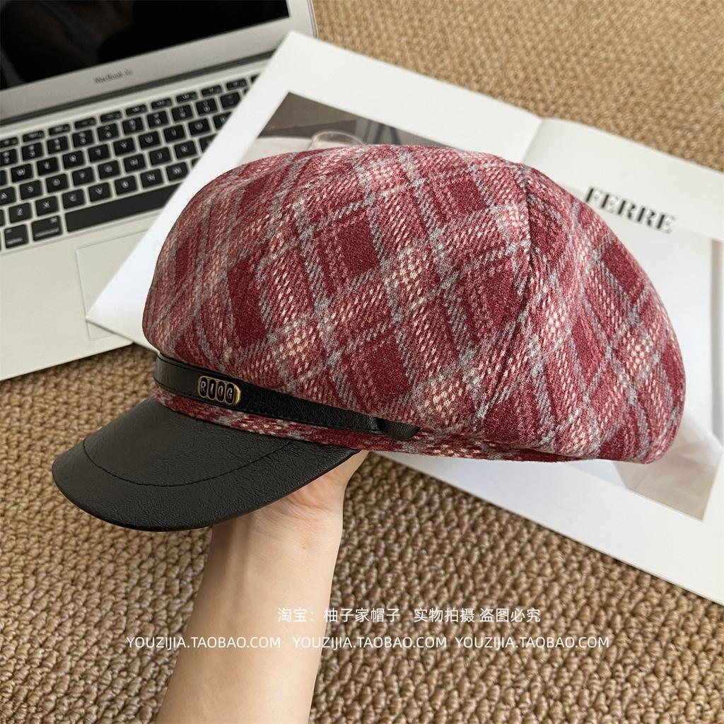 Warm Shade New Autumn and Winter Woolen Plaid Retro Beret Femininity Fashionable Versatile Octagonal Hat Hat