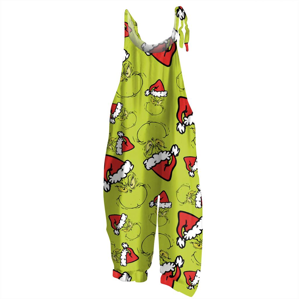 Damski kombinezon z nadrukiem Halloweenowym, casualowy, luźny, vintage, na ramiączkach, bawełniano-lniany