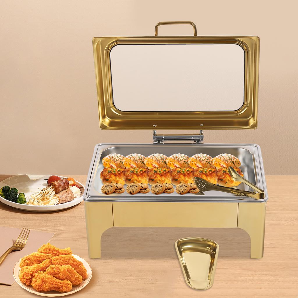 Gold 10L Single Compartment Buffet Chafing Dish, Commercial Food Warmer with 201 Stainless Steel Frame & Pans, Heated Server