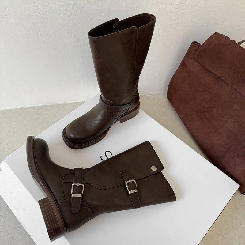 Autumn and winter women's leather boots leather large size medium heel thick bottom non-slip versatile high boots sleeve cowhide knight boots women