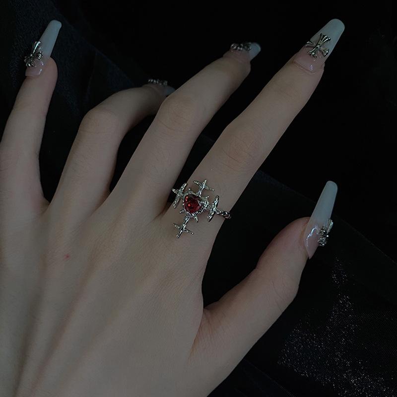 Gothic Red Crystal Cross Geometry Open Rings for Women Y2k Punk Creative Grunge Jewelry Accessories Gift