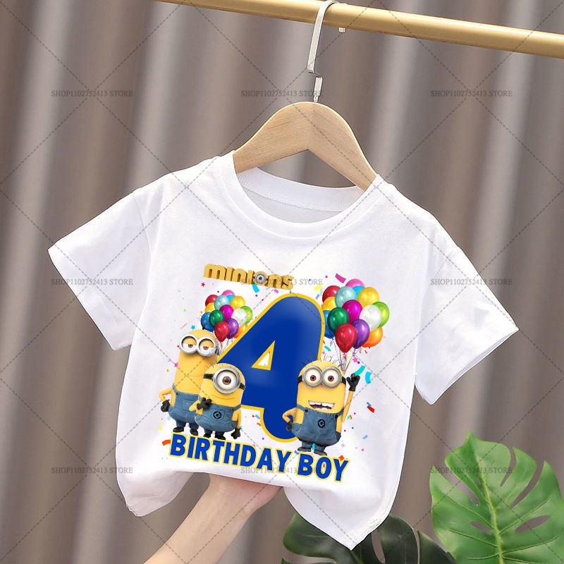 Minionses Cotton T-Shirt Anime Cartoon Print Tops Summer Kawaii Fashion Casual Short Sleeve Number 1-9 Birthday Clothes Gifts