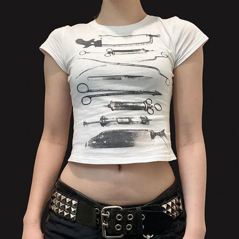 

Dark Printed Cropped T-shirt Casual Slim Short-sleeved T-shirt L білий