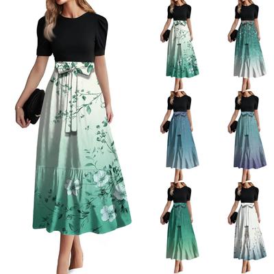 Rochie de damă la modă casual cu curea, mânecă scurtă, gât rotund, cusături, temperament elegant