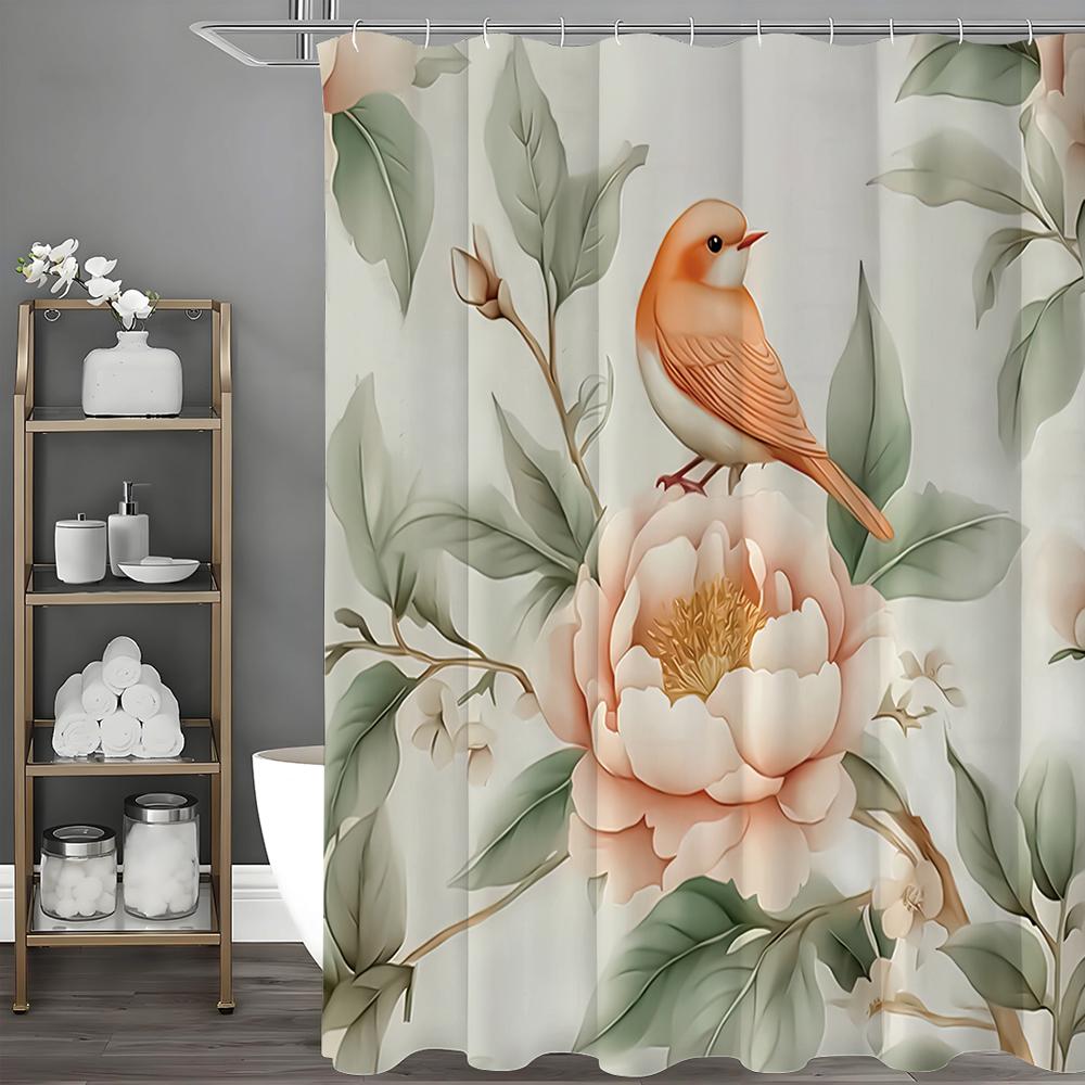 

Розовая цветочная шторка для душа с пионами и птицами, Декоративная шторка для душа для ванной комнаты, Водонепроницаемая шторка для душа с крючками 90*180cm