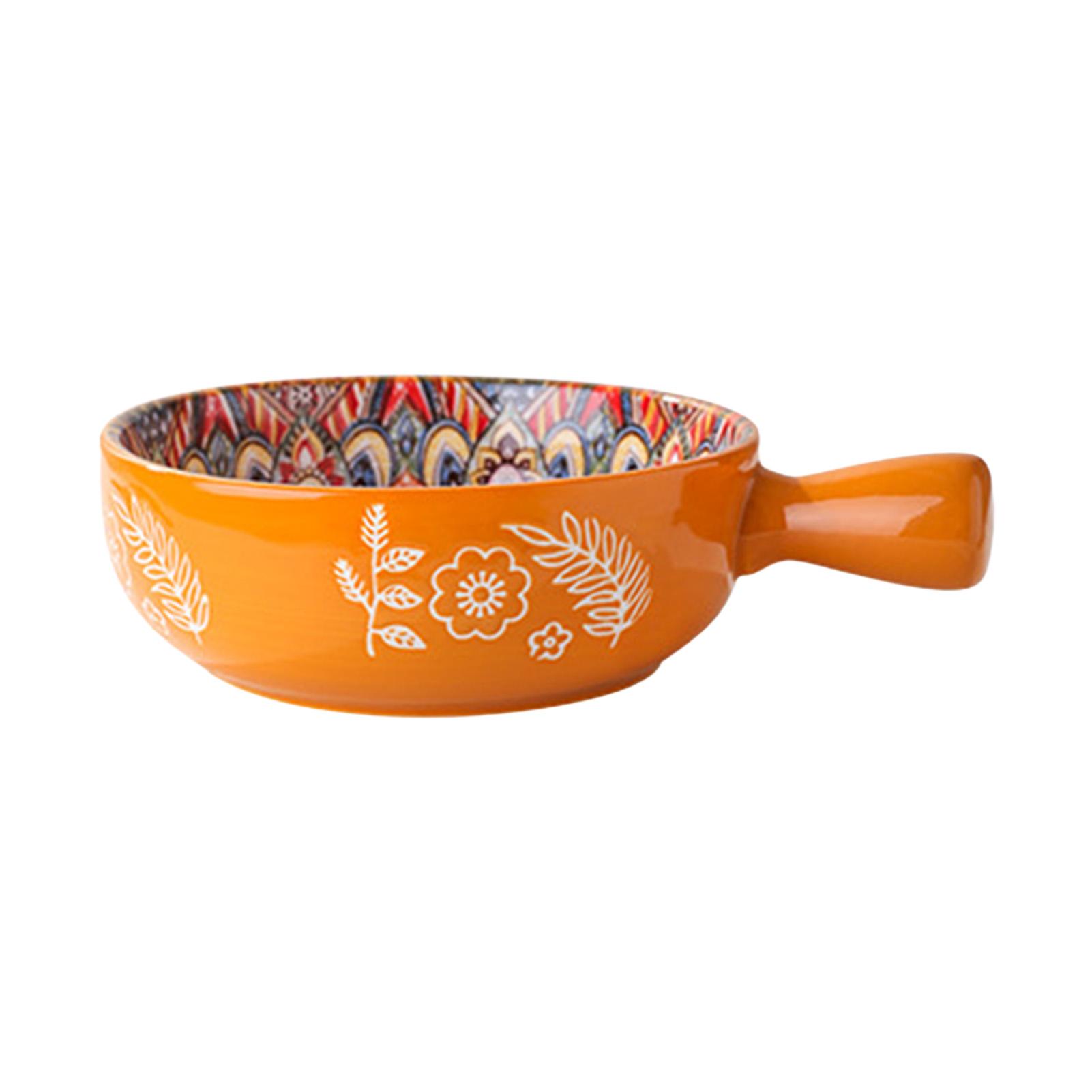 

Bohemian Style Ceramic Bowl Single Handle Embossed Design Underglaze Salad Dessert Bowl