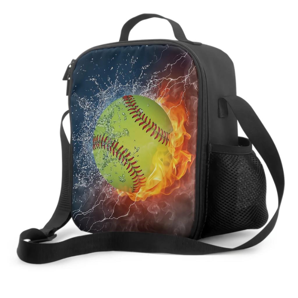 Yellow Baseball Ball In Fire And Water Insulated Thermal Lunch Bag for Kids Washable Tote Lunch Container for School Travel Work