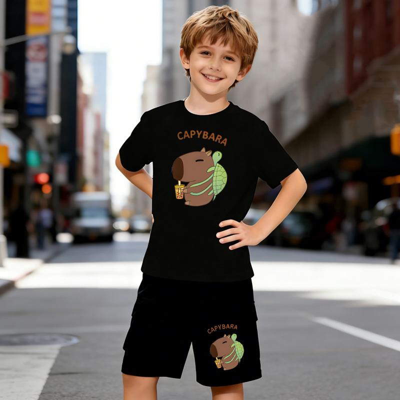 

Boys 2 Piece Capybara and Tortoise Print Outfit, Short Sleeve T-Shirt and Shorts Set for Kids Age 5-14,Black and White Sporty Casual Summer Clothes 5-6 Years чёрный