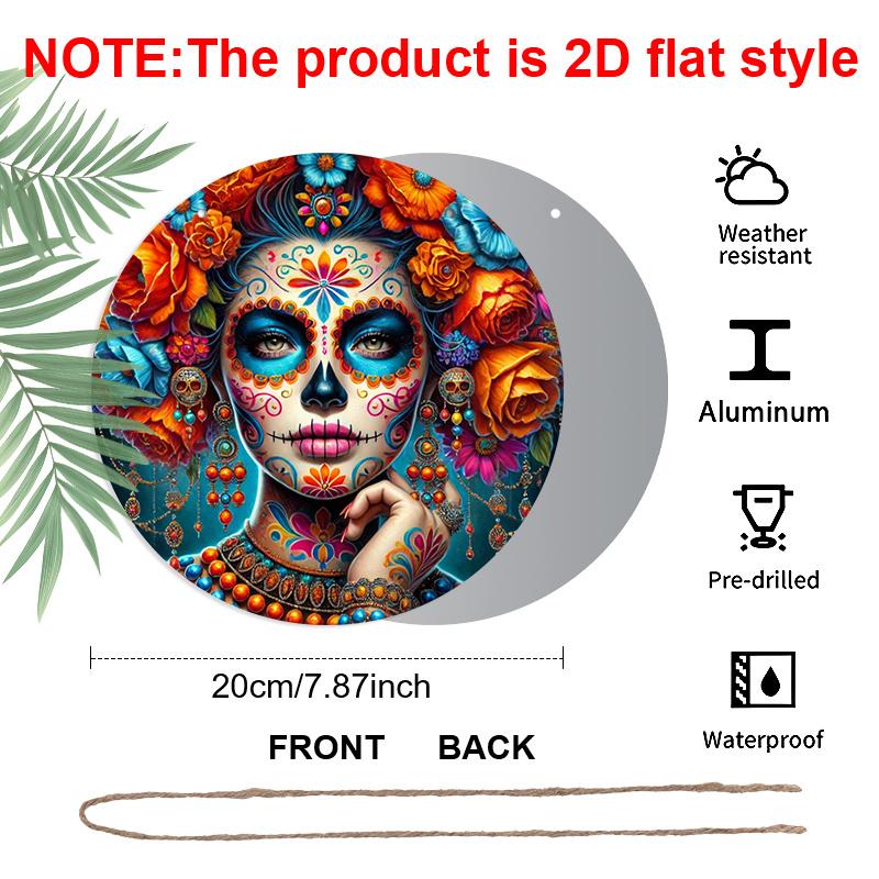

2D Flat 1pc, 8x8 in, Round Aluminum Metal Sign - Skull Design, Themed for Day of The Dead - for Outdoor & Indoor Decoration - Suitable for Spring and 1pc