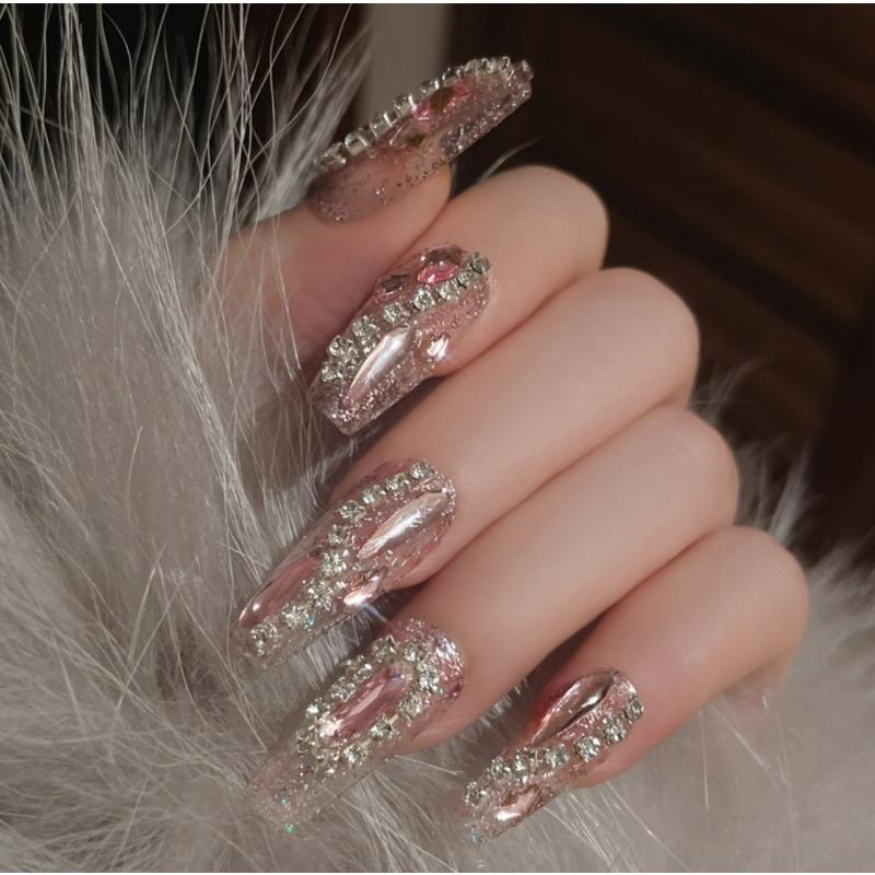 24pcs Y2K Aesthetic Sparkling Full Rhinestone Ballet Nails Glitter False Nails For Women Press On Nails Nail Supplies