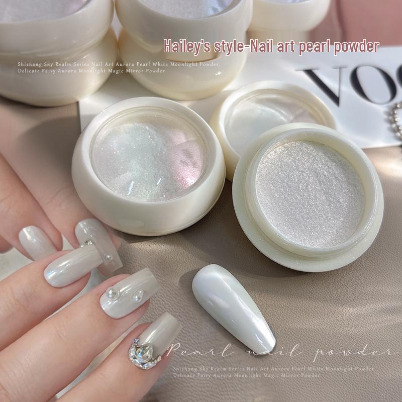 Hailey Lux Satin Pearlescent Pearl Powder Manicure: White Moonlight Bridal Nails