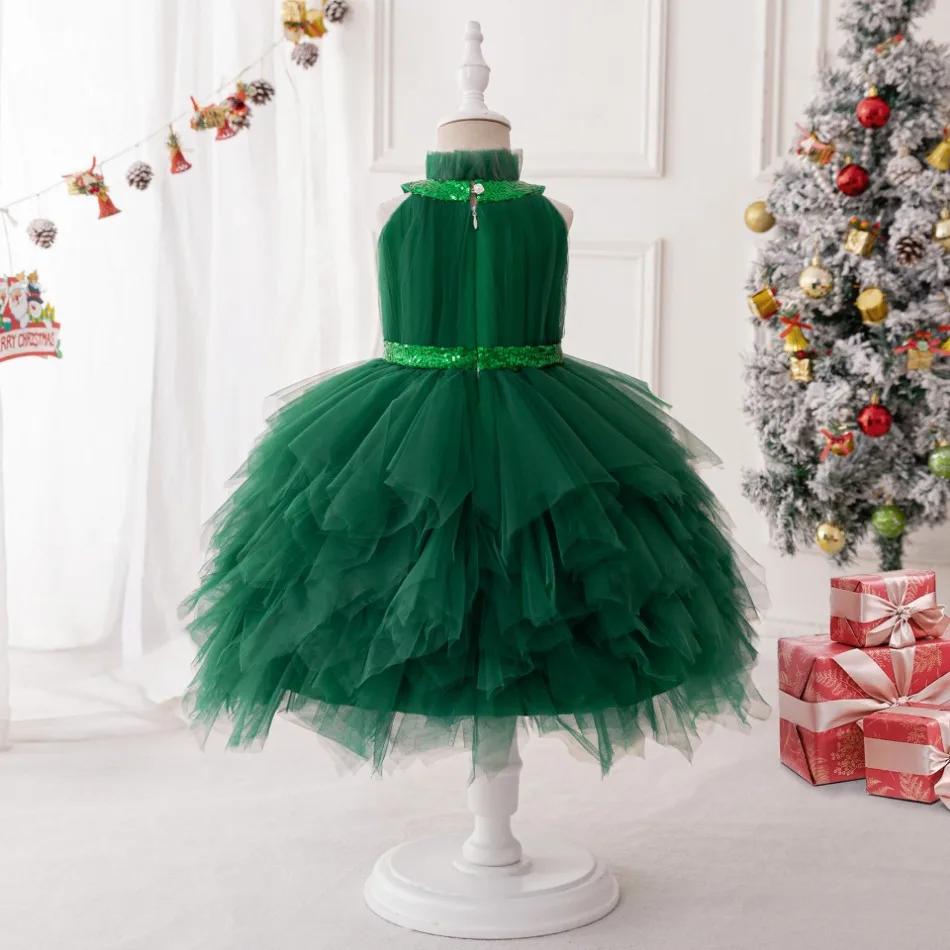 Children Christmas Dress Luxury Girl Christmas Outfits Sleeveless Mesh Bow Tutu Fashions Green Elegant Festive Party Princess Dress