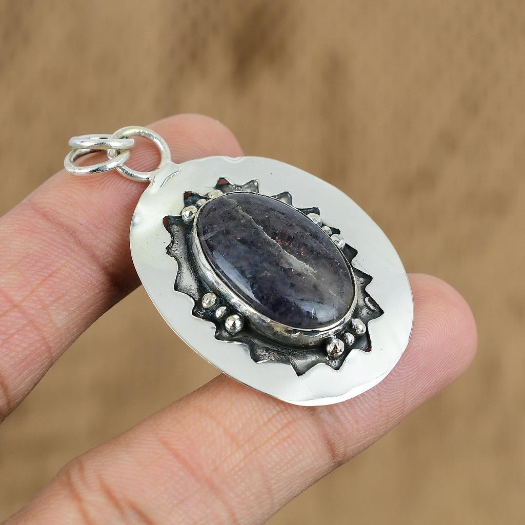 Wedding Gift For Her 925 Silver Natural Iolite Sunstone Gemstone Pendant