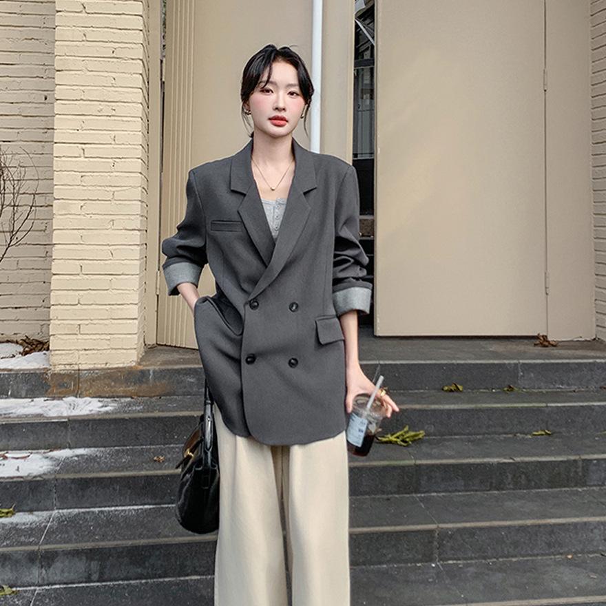 Gray Fashion Temperament Double-breasted Blazer Women's Spring New Loose and Thin Versatile Suit