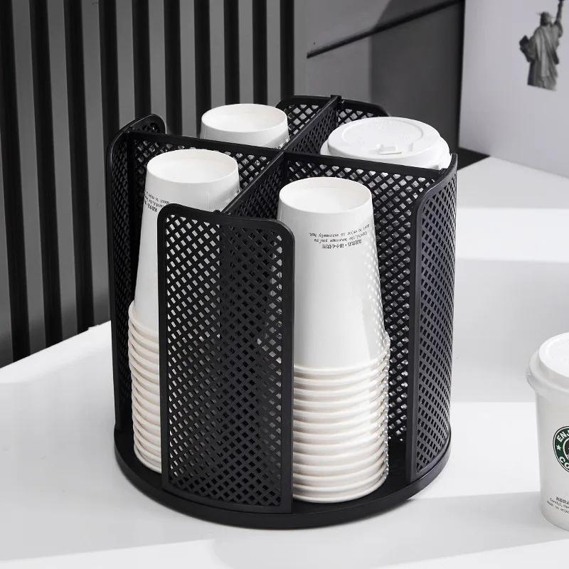Rotatable Plastic Cup Storage Organizer 360°Dispenser 4 Compartment Cups and Lids Holder Detachable Desktop Coffee Cup Dispenser