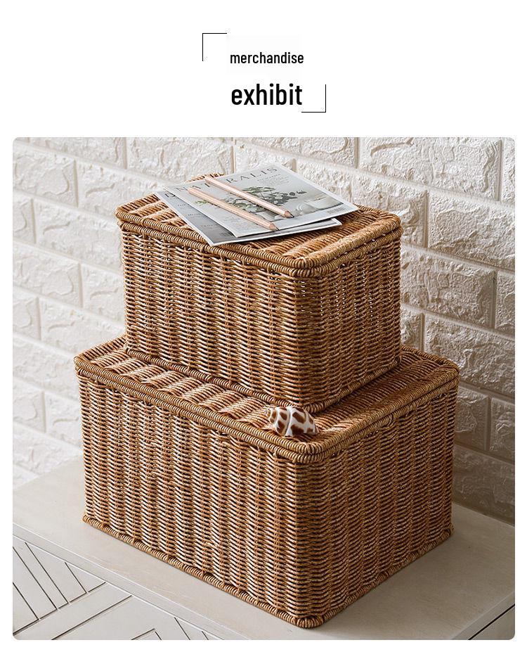 Nordic Style Rattan-Look Woven Storage Box with Lid for Bedroom and Household Organization.