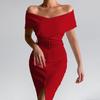 Women Dress Strapless Off Shoulder with Belt Solid Color Party Evening Dress for Office