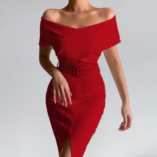 Women Dress Strapless Off Shoulder with Belt Solid Color Party Evening Dress for Office