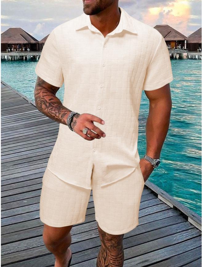 

2025 Europe Summer Men s Black & White Jacquard Short Sleeve Shirt Set – Casual Holiday Style XL абрикосовый