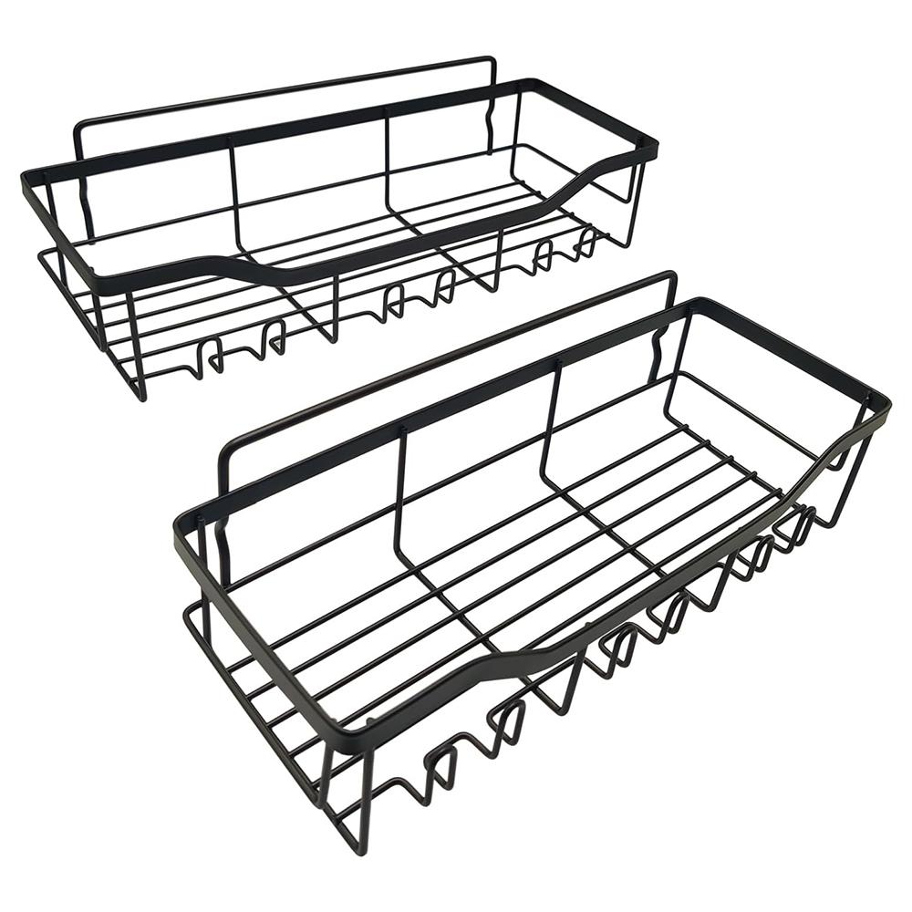 2Pcs/Set 6-Hook Punch-Free Carbon Steel Storage Basket Bathroom Draining Organization Rack
