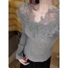 Damen-Basis-Top mit Samt-Spitzenbesatz, Slim Fit, für Herbst und Winter