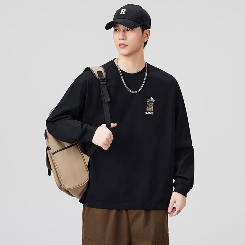 Men Black Printed Round Neck Long Sleeve Loose Casual Cotton T Shirt