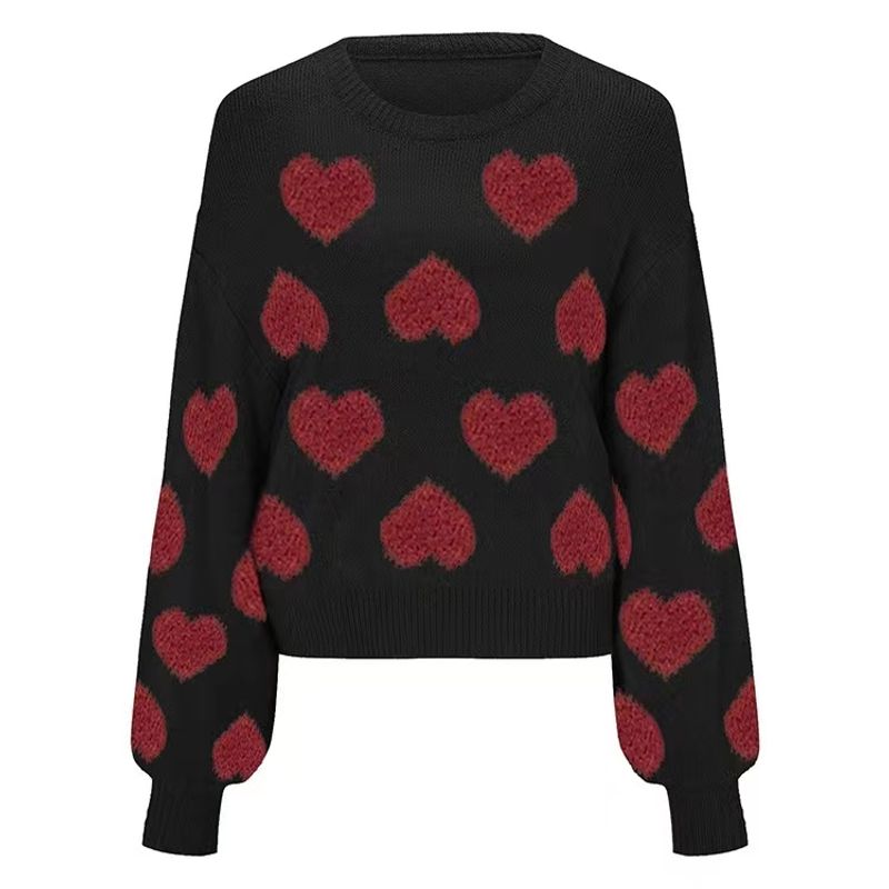 

Fashion Wind Puff Sleeves Sweater Heart Jacquard Knitwear Love Jacquard Knitted Sweater Black L
