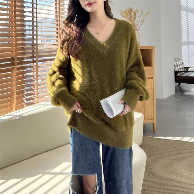 Milk wear imitation mink fleece collar soft waxy knitted sweater top women's autumn and winter new gentle wind sweater women's outer wear