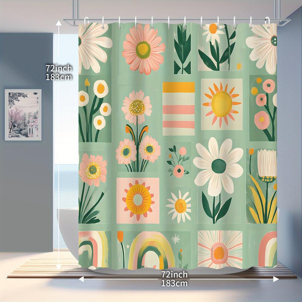 Spring Green Pink Floral Daisy Shower Curtain, 12 Hooks Included, Fresh Plant Theme for Bathroom Partition & Decor