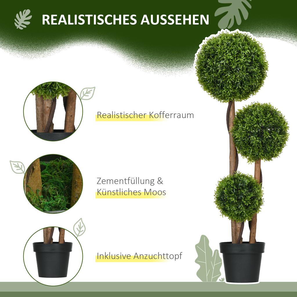 Artificial Boxwood Large 110cm, UV-Resistant Artificial Plant with 3 Balls for Living Room Bedroom Office Garden