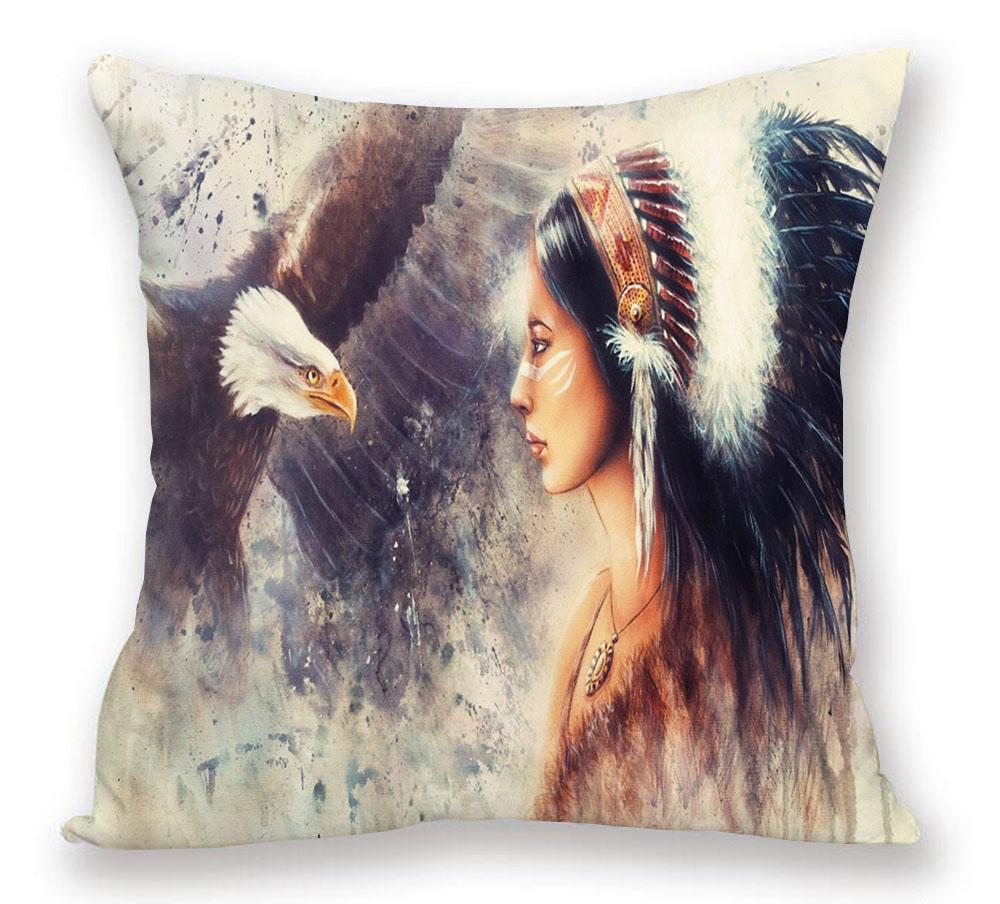 Eagle Wolf Animals Woman Portrait Painting Home Cushion Cover Xcm Decorative Pillows For Sofa