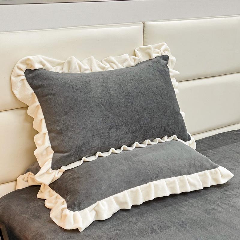 2PCS Winter Milk Fleece Pillowcase Thickened Pair 48x74CM Lace Solid Color Girls Pillowcase